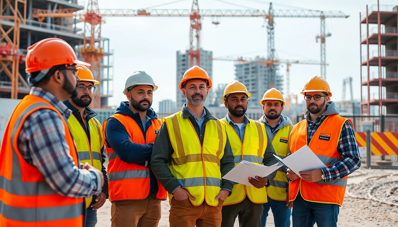 Construction safety training session with workers engaged in hands-on learning and safety measures.