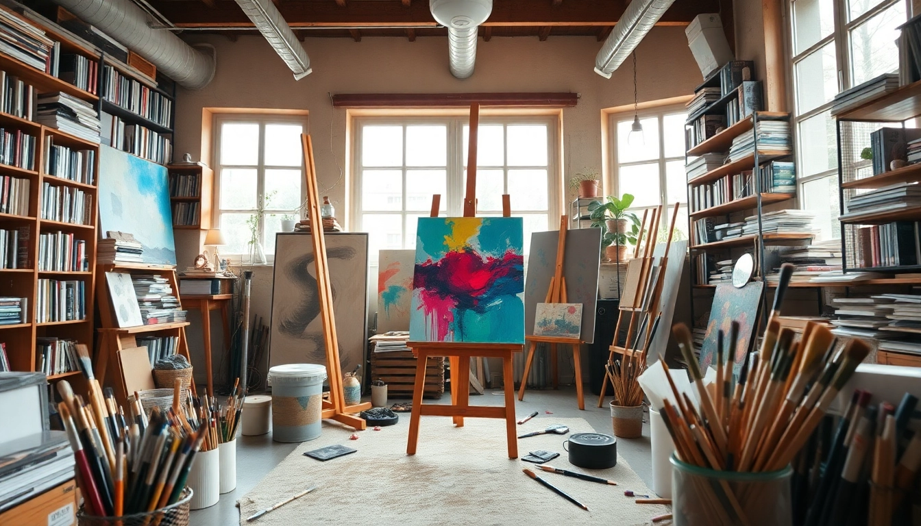 Création artistique dans l'atelier de fredericjulien-design.fr, mettant en valeur une toile en cours.
