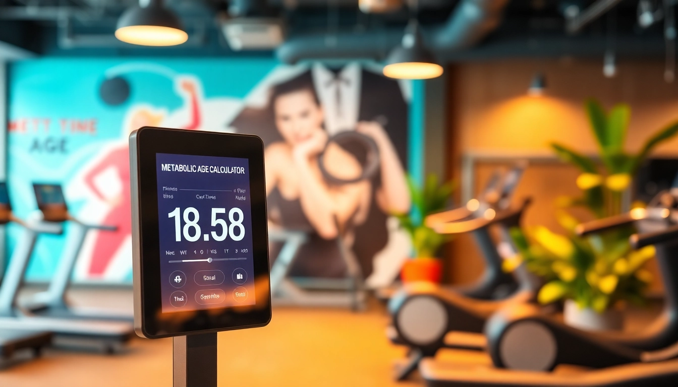 Calculate your metabolic age with an interactive modern metabolic age calculator in a vibrant fitness studio.