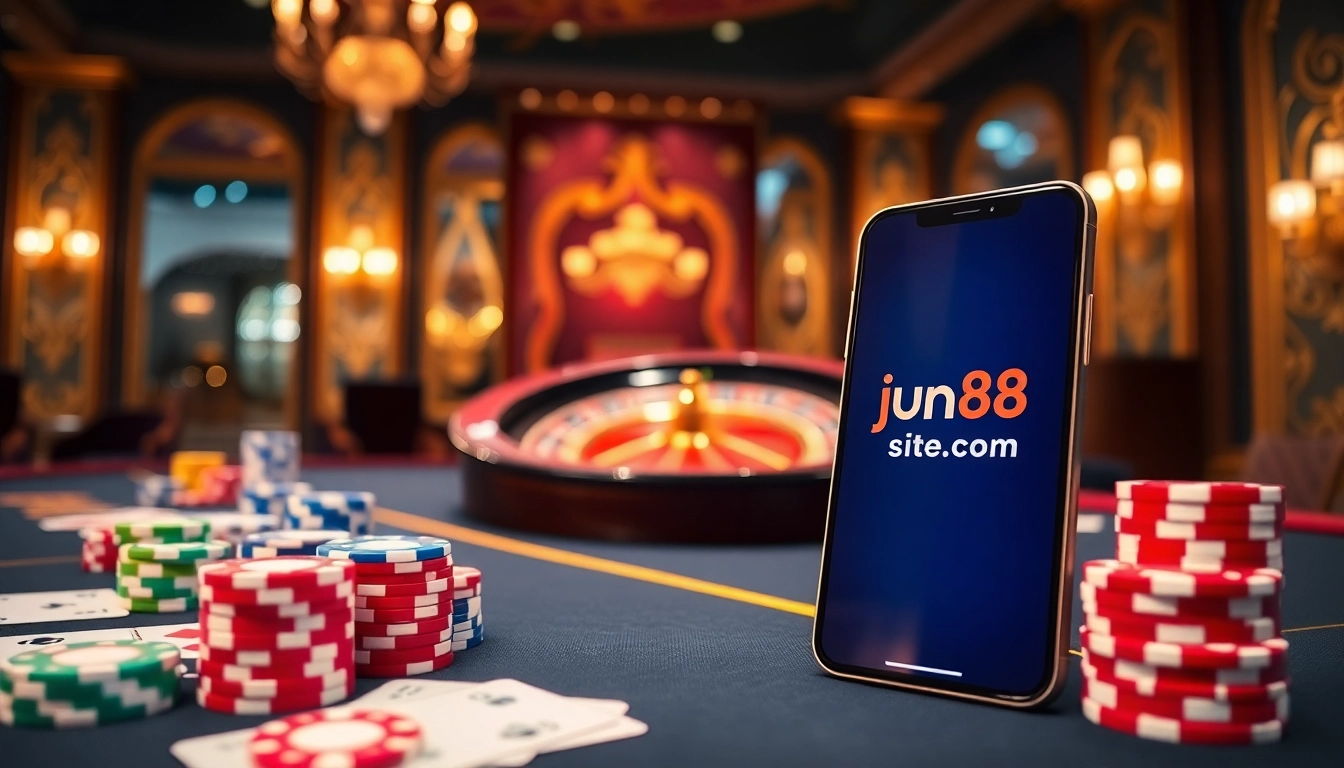 Betting excitement at jun88site.com with poker chips and roulette wheels