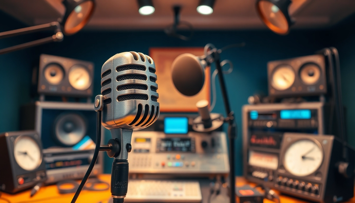 Engage with hometownstation.com through a professional radio broadcast setup featuring a vintage microphone.