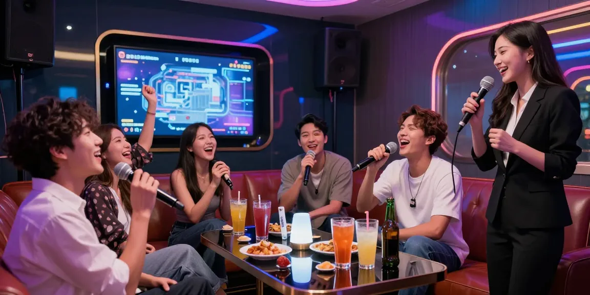 강남 가라오케에서 친구들과 함께 노래 부르는 즐거운 장면