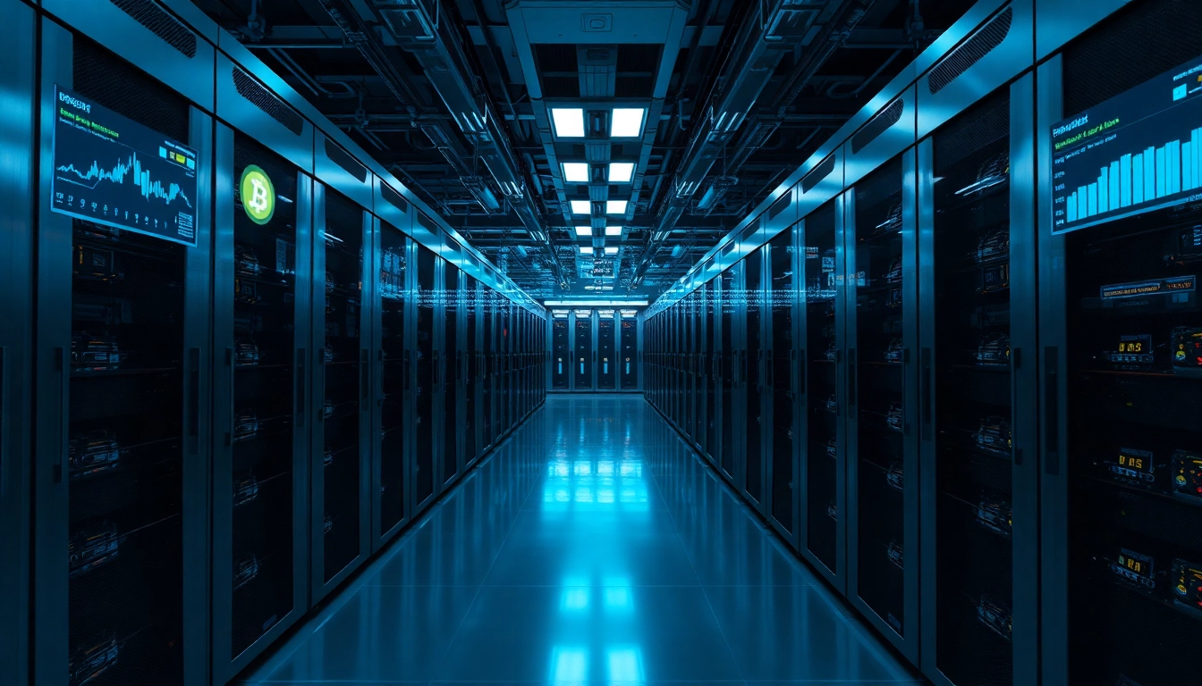 Cloud mining facility showcasing advanced cryptocurrency servers and real-time data.