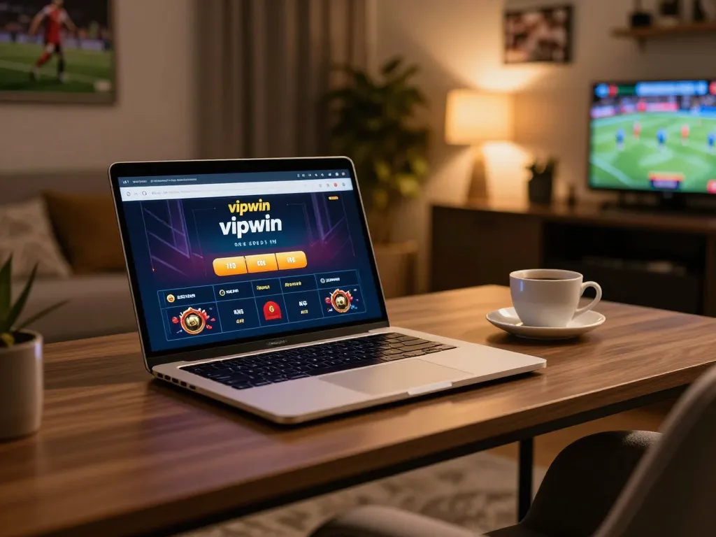 Engaging vipwin online gaming setup showcasing interactive gambling interface on sleek laptop.