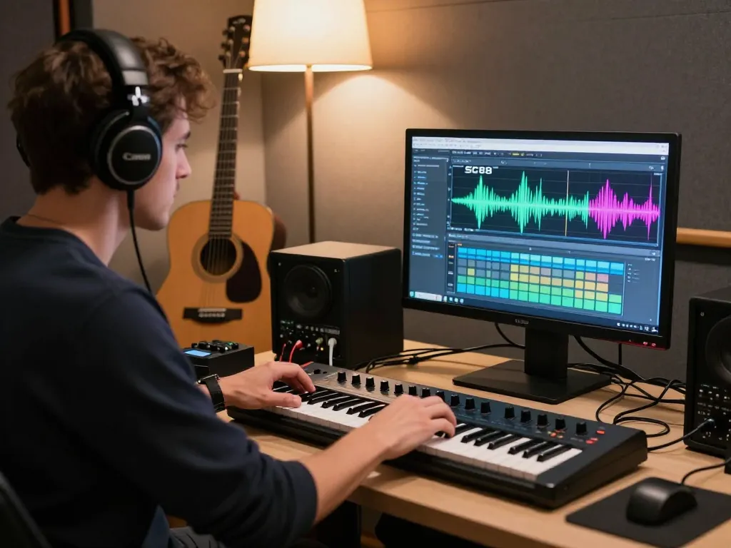 Musician creating music using SC88 sound module in modern studio