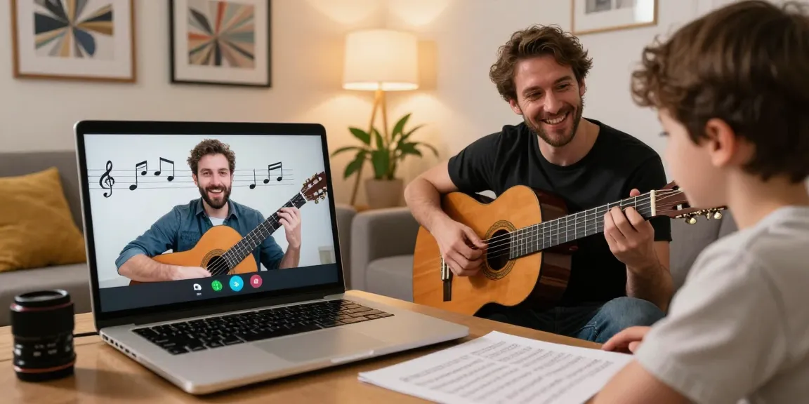 Engaging classical guitar teacher online connects with student during a virtual lesson.