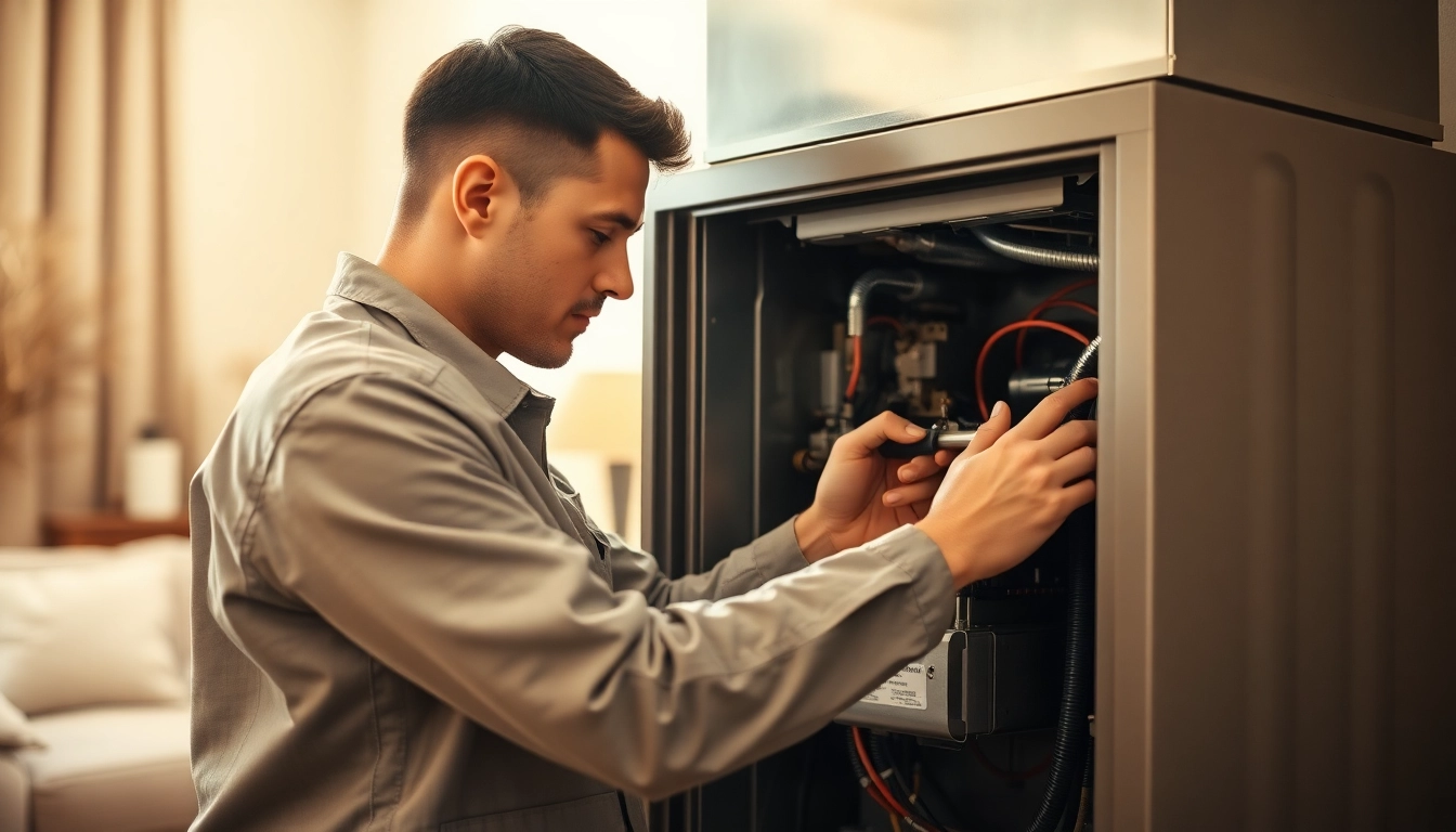 Expert performing gas furnace repair somers in a cozy home environment.