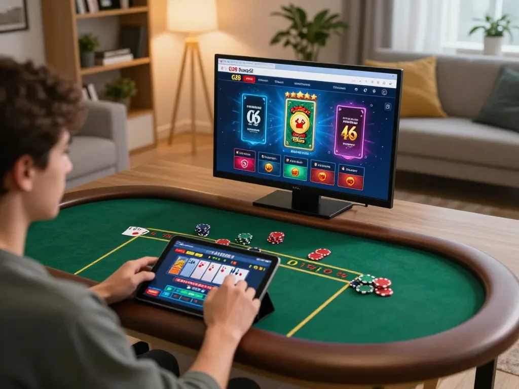 Player engaging in online gaming at G28 trang chủ, showcasing dynamic betting strategies in a cozy home setting.