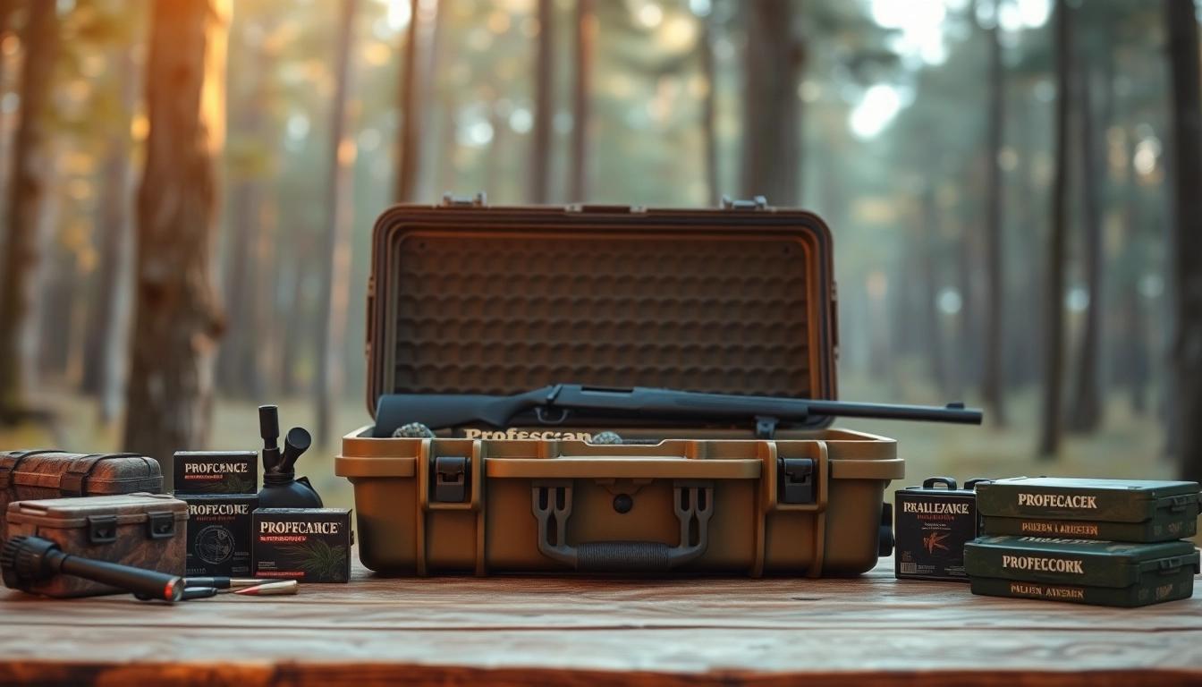 Showcase of a pelican rifle case on a table, surrounded by hunting gear and nature.