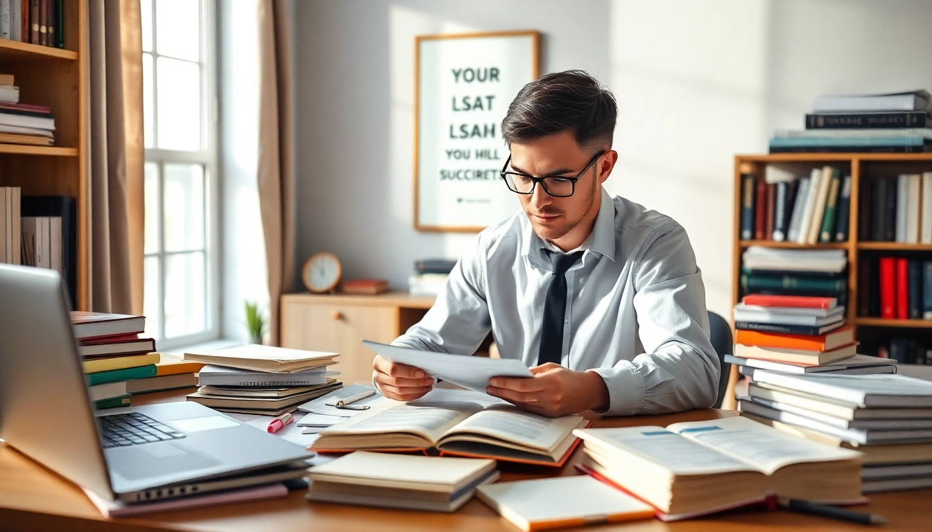Hire someone to take lsat for you effectively, showcasing a dedicated student studying with books and notes.