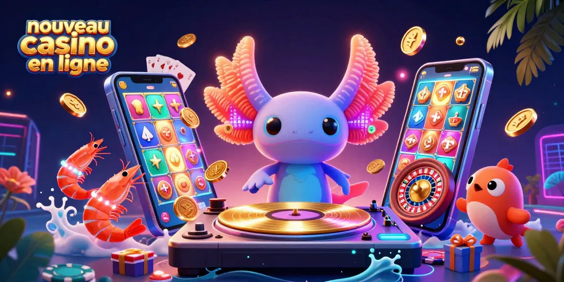Découvrez un monde animé de "nouveaux casinos en ligne" avec un DJ axolotl et des éléments de jeu vibrants.
