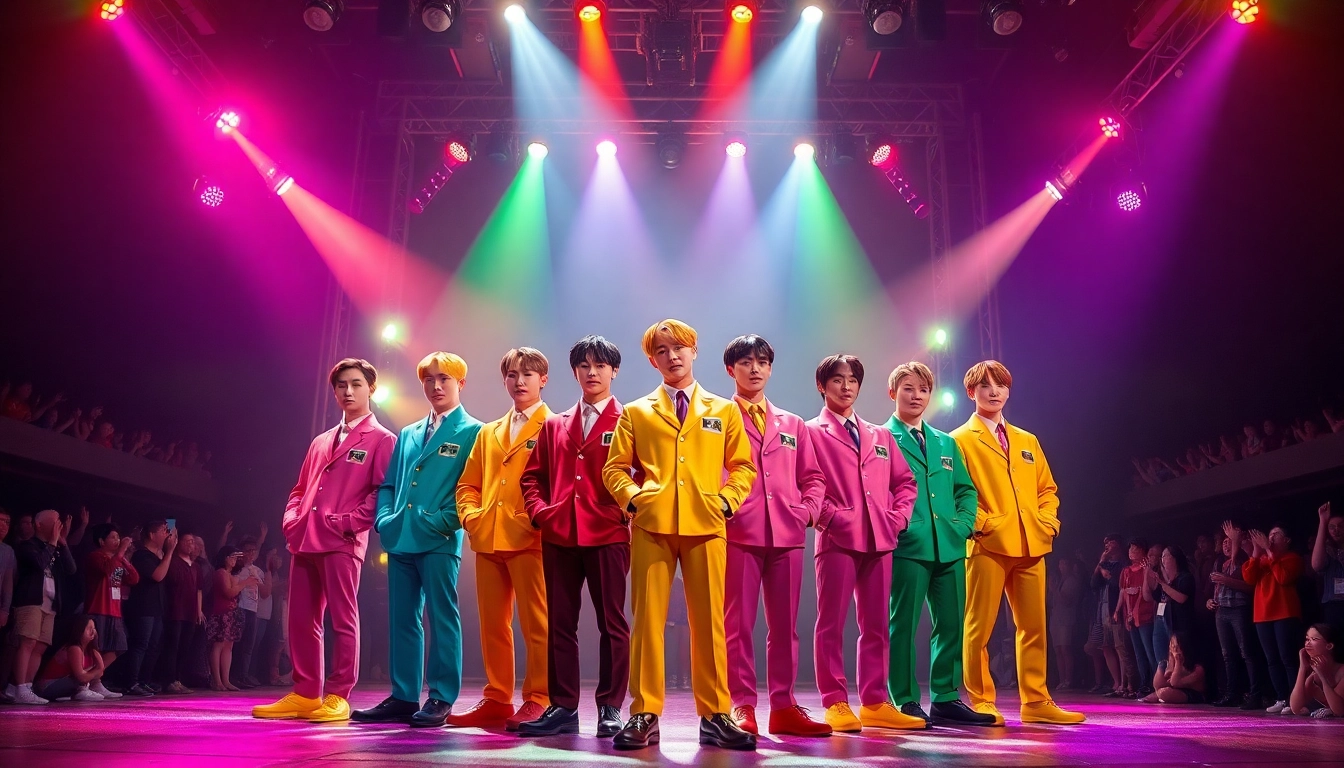 BTS members performing energetically on stage, showcasing their unique styles and vibrant outfits.