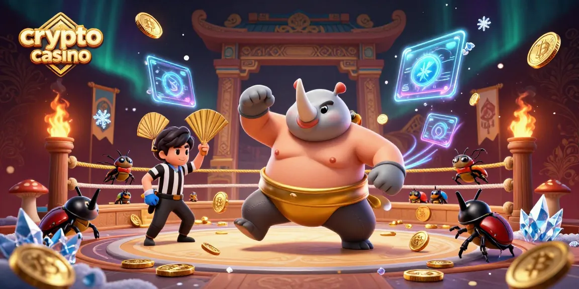 Le casino crypto avec un champion rhinocéros sumo, des pièces d'or volantes et des spectateurs ravis.