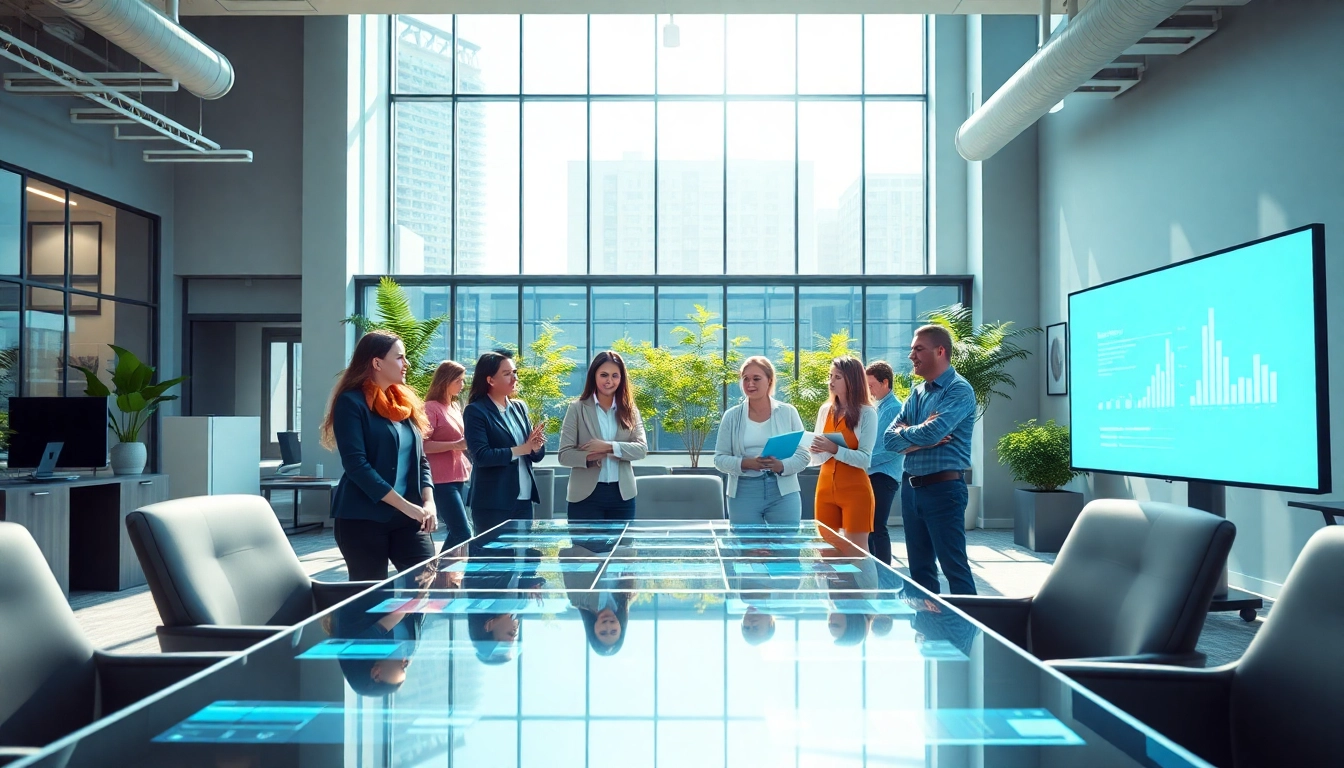 JBO professionals collaboratively brainstorming in a modern, vibrant office setting.