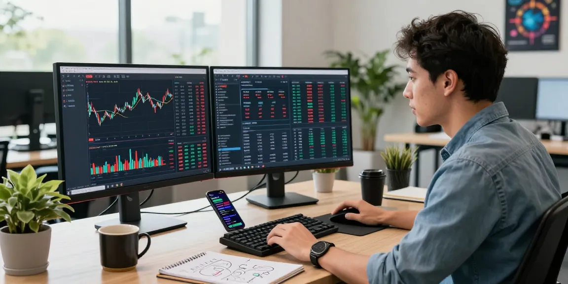 Capture of a developer using a US stock real-time API for analysis in a modern office setup with dual monitors and tech accessories.