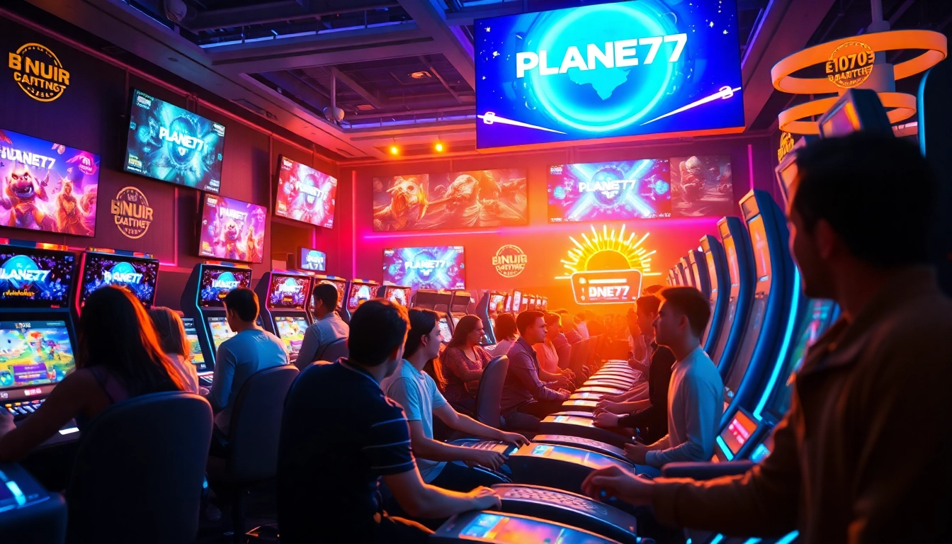 Menampilkan pemain yang menikmati permainan PLANET77 game di ruang permainan modern yang hidup.