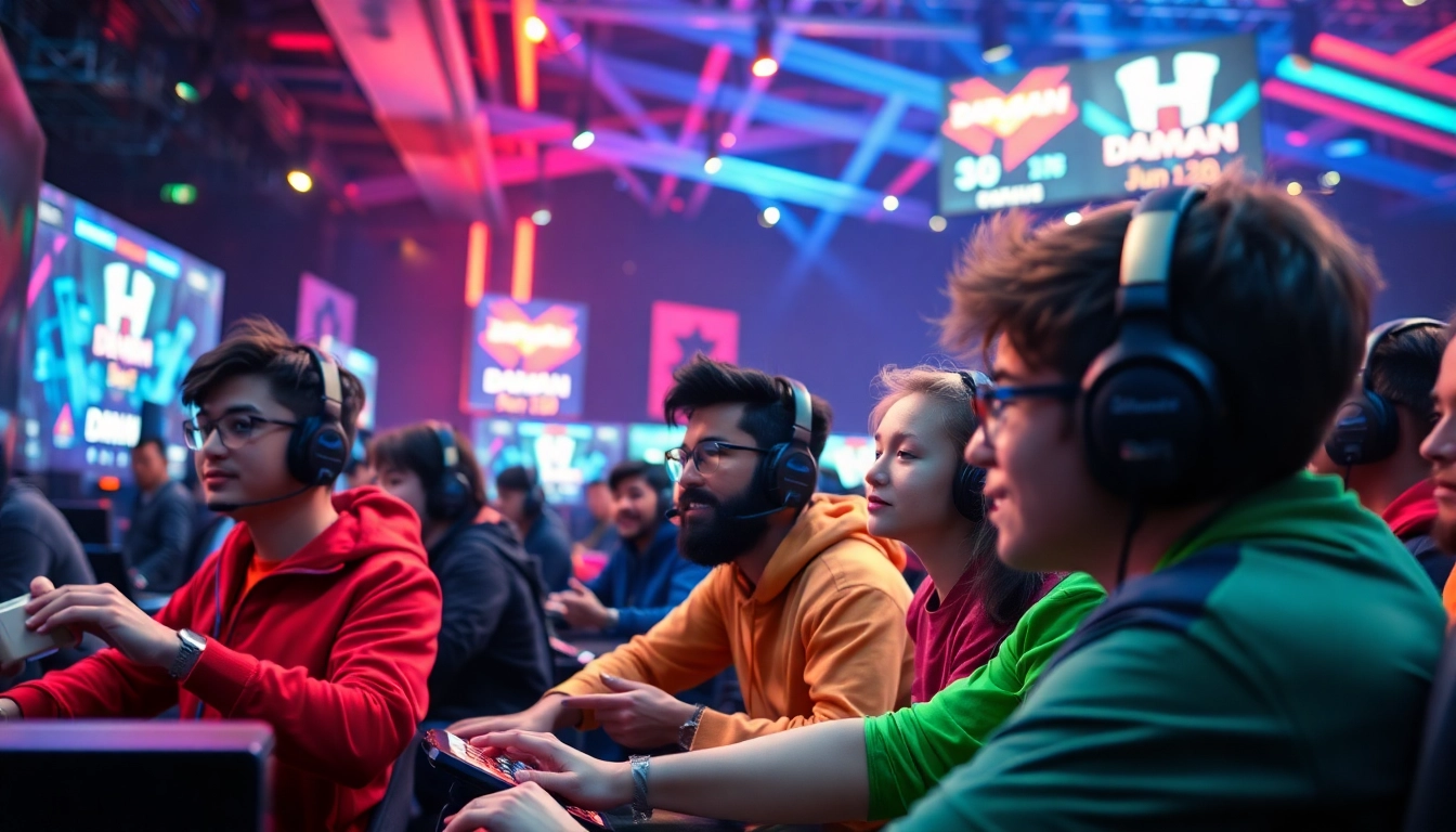 Engaging players competing in daman games within a vibrant esports arena.