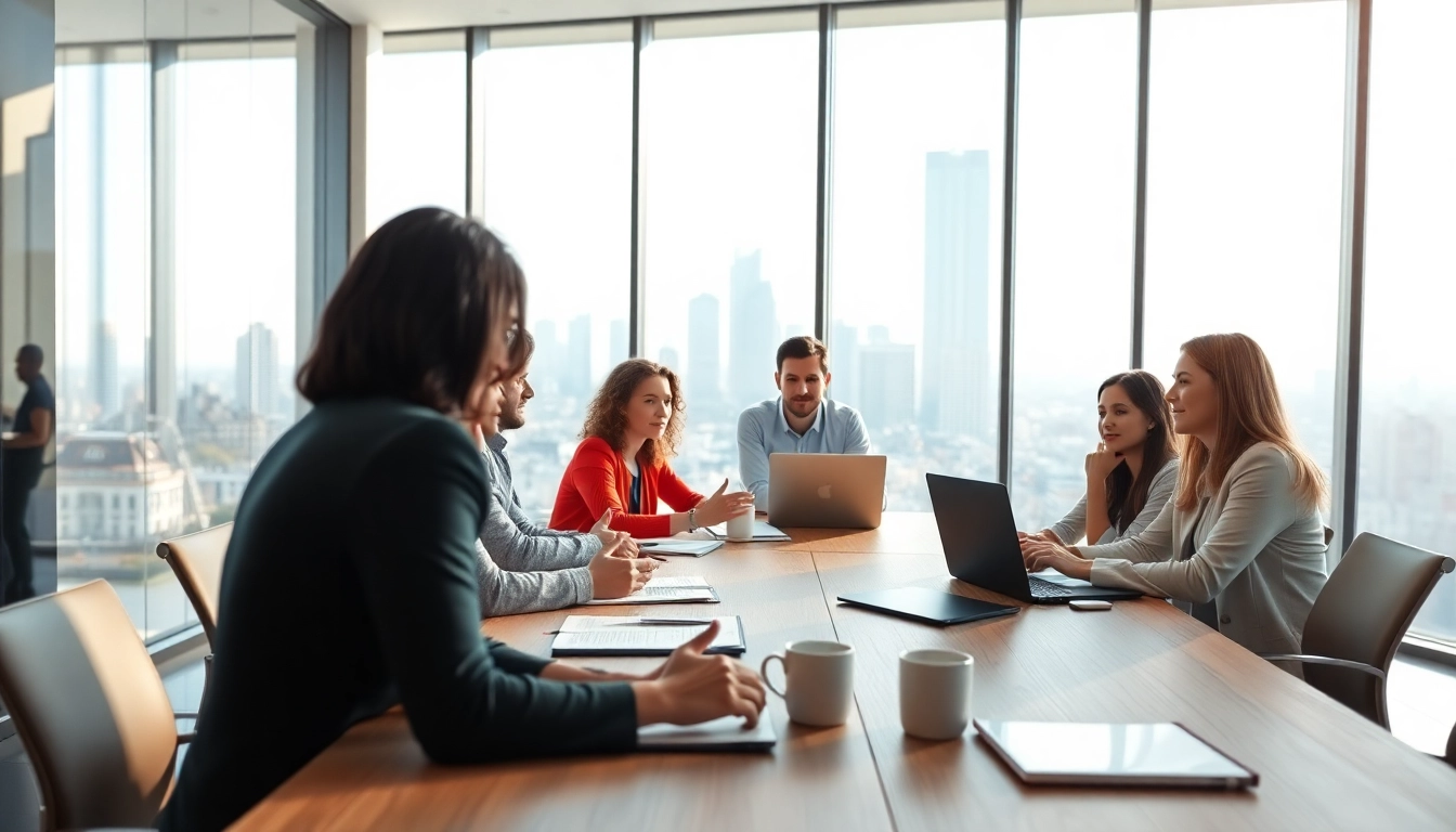 Engaged professionals discussing business strategies in a modern office setting.