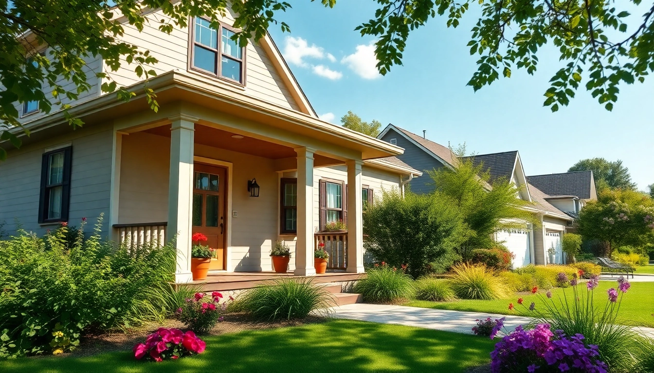 Showcasing a picturesque real estate home with inviting gardens and bright daylight.