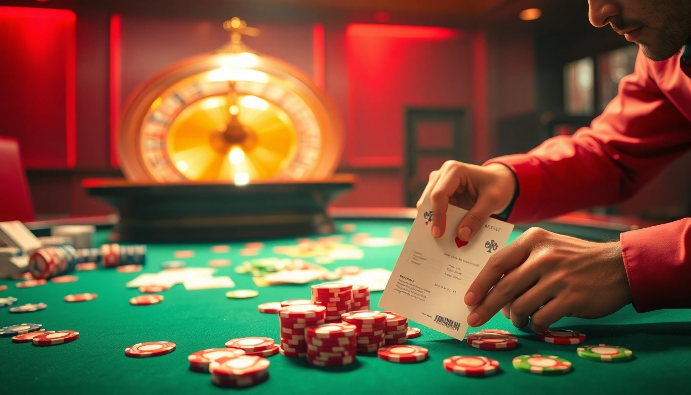 Experience the thrill of winning at c168me.com with vibrant poker chips and betting slips on a casino table.
