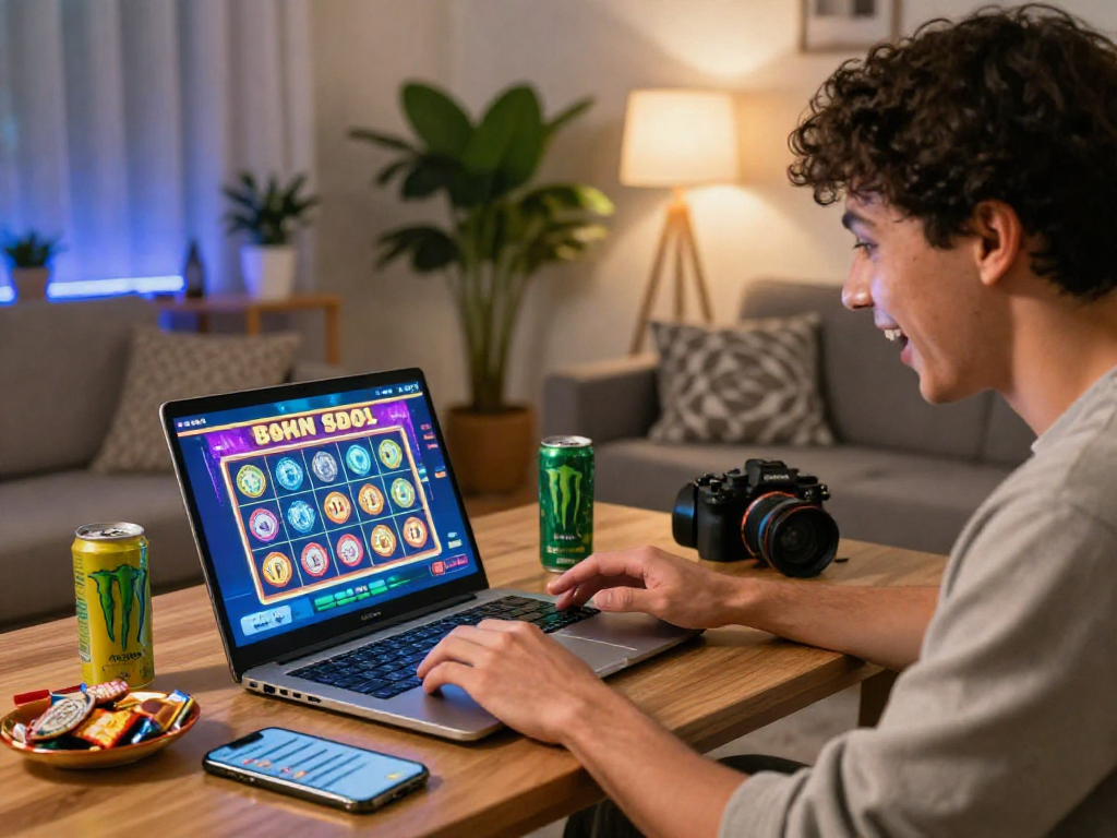 Engaged player enjoying uk bonus buy slots on a laptop in lively living room atmosphere.