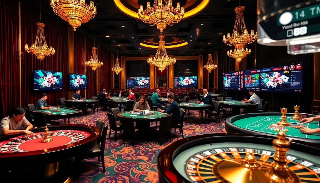 Exciting scene depicting gamblers at tables in nhà cái xx88 casino, showcasing poker and roulette games.