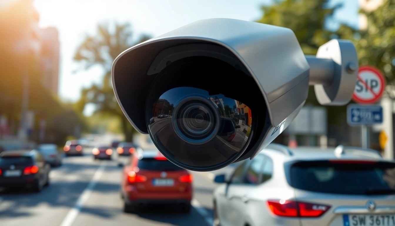 Capture of a license plate recognition camera installed in an urban environment highlighting modern surveillance technology.
