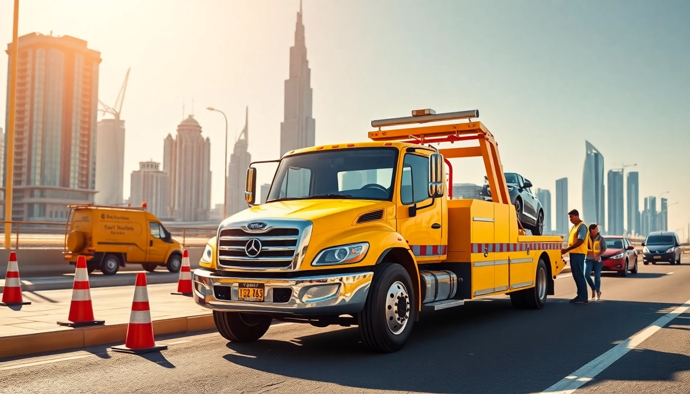 Efficient car recovery service at https://trtrecoveryuae.com assisting a stranded vehicle in sunny Dubai.