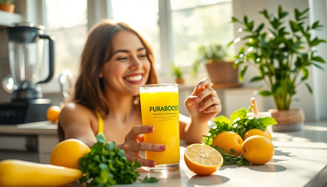 Puraboost energizing drink mix being enjoyed by a health-conscious individual in a vibrant kitchen.