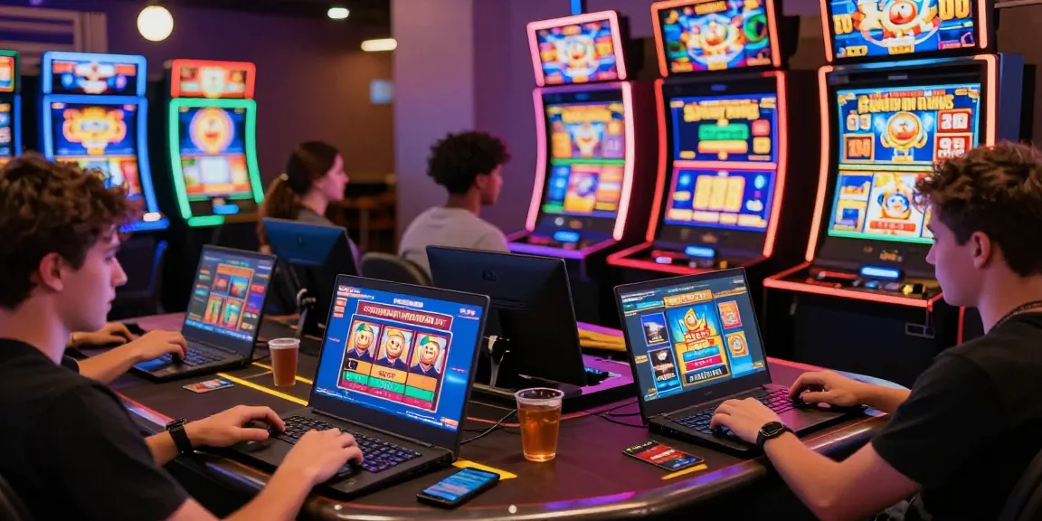 Players enjoying popular credit card online casinos on laptops and mobiles, showcasing vibrant gaming and fast gameplay.