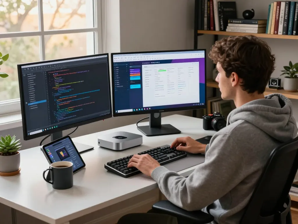 Developer using a Mac Mini in an innovative home office workspace with vibrant coding monitors.