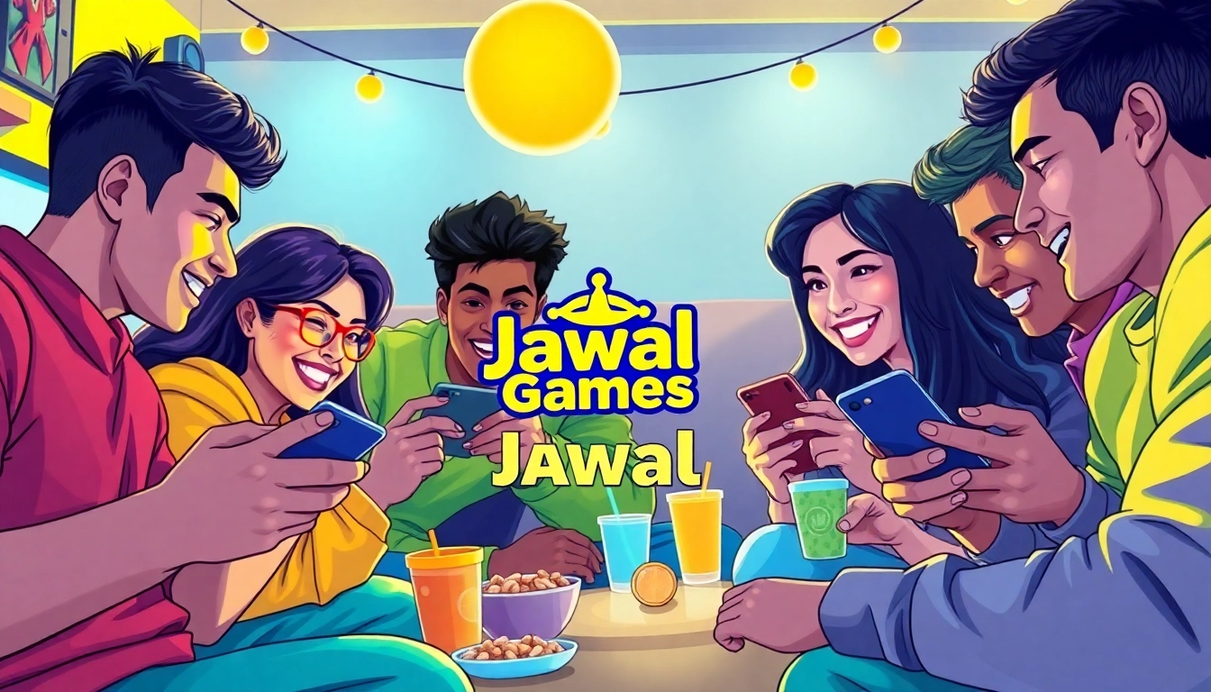 Friends enjoying Jawal Games on their smartphones in a vibrant gaming atmosphere