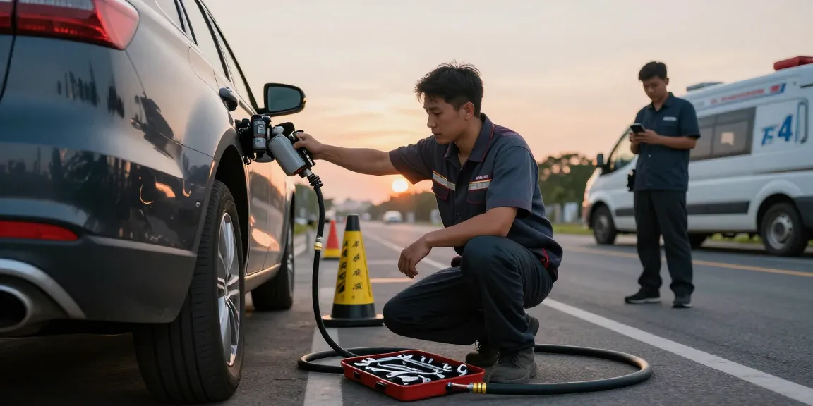 Technician draining wrong fuel in car at roadside service, showcasing urgency in wrong fuel recovery.