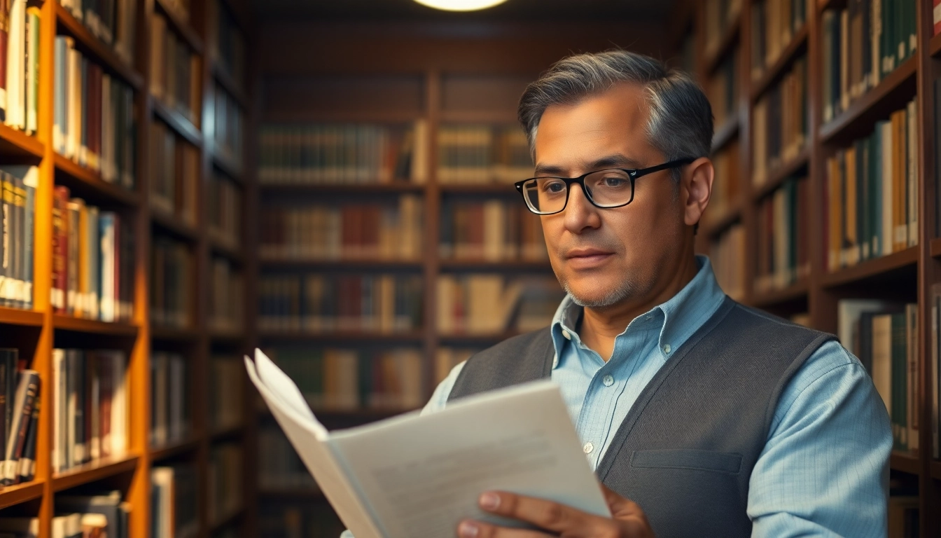 Dee Brown reviewing a manuscript in a library, exuding a focused, literary vibe.