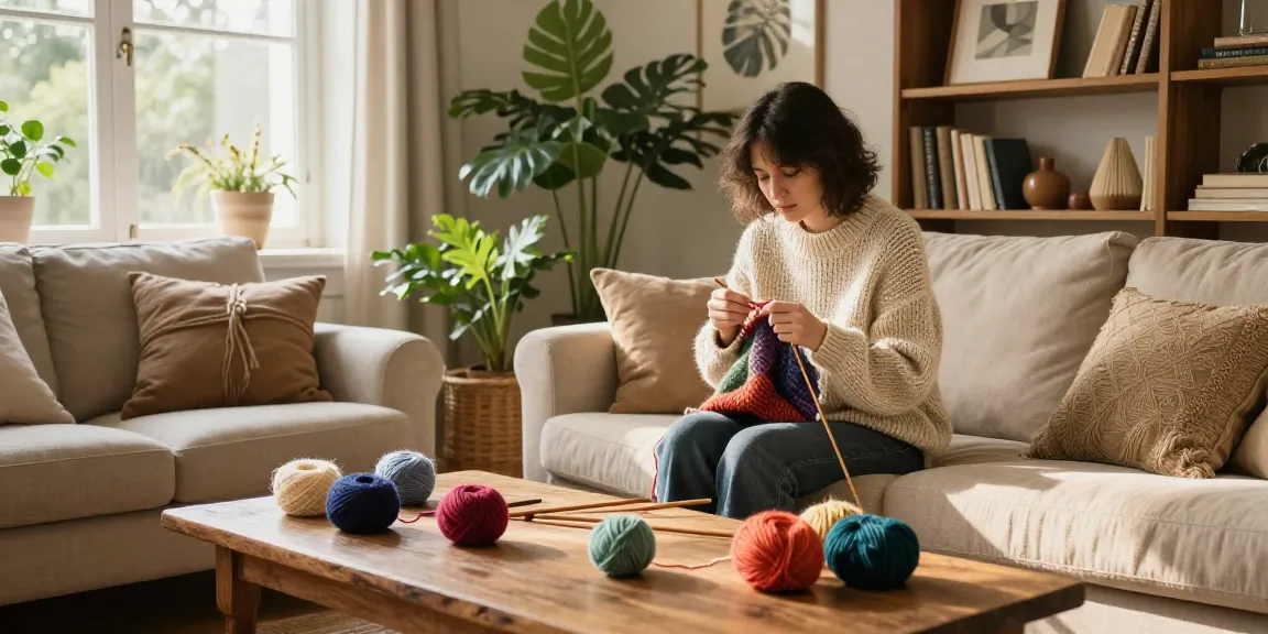 Cozy person in a hand knit sweater enjoying a warm living room atmosphere.