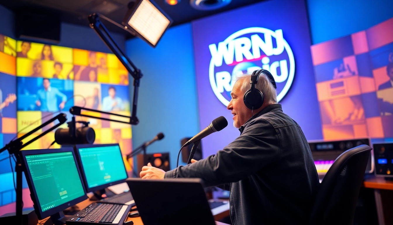 Engage with WRNJ Radio's vibrant studio atmosphere showcasing a passionate DJ at work.