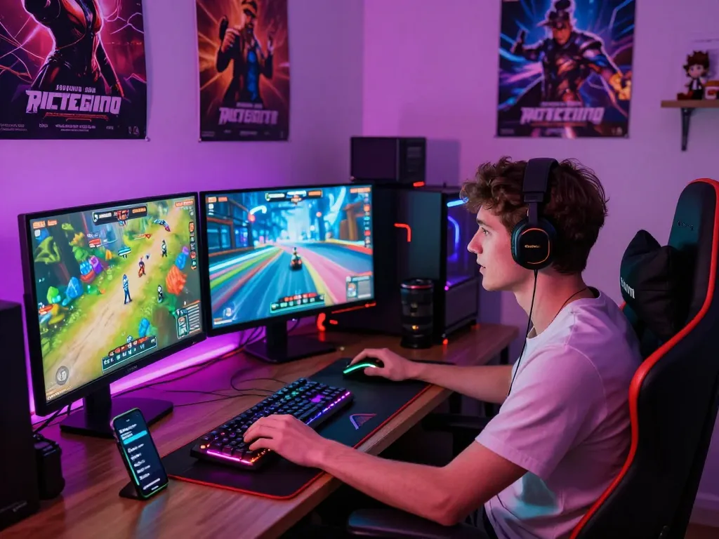 Engaged player enjoying a porn game online in a vibrant gaming room setup.