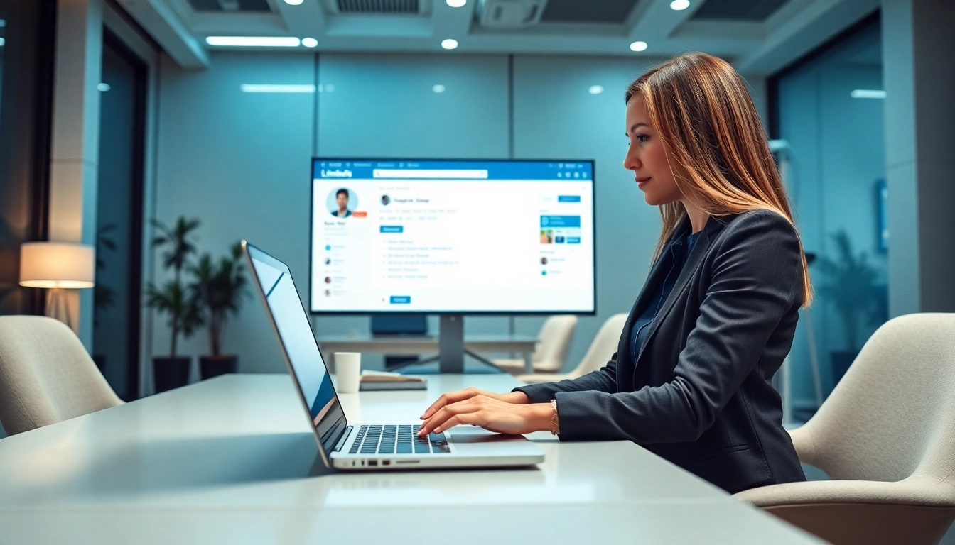 Using a linkedin email finder tool on a laptop in a modern office environment.