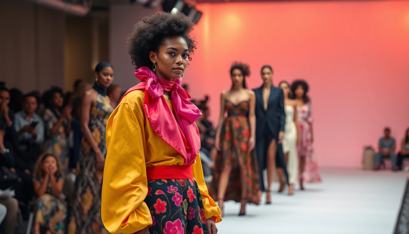 Fashion trends showcased in an elegant runway setting featuring diverse models.