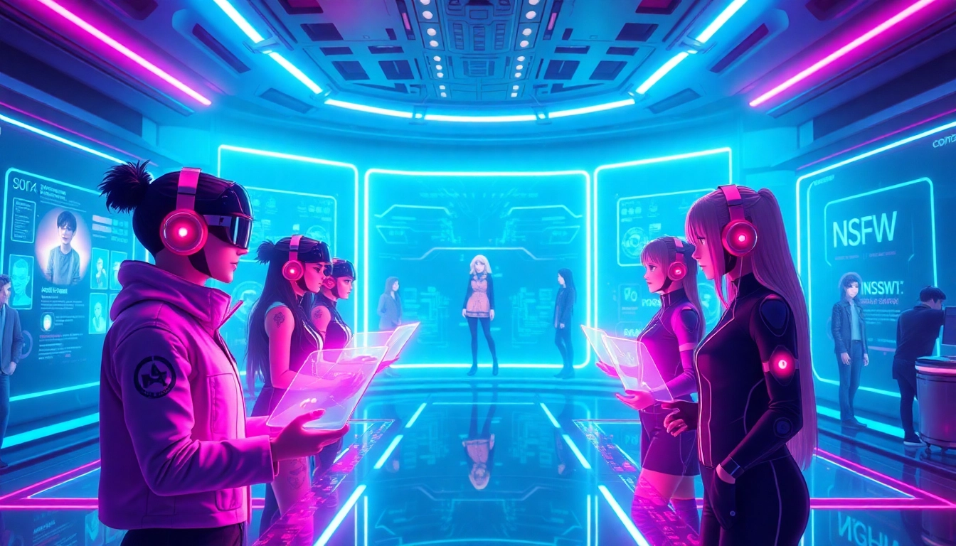 Engaging scene of users interacting with free NSFW character AI in a futuristic digital environment, highlighting vibrant colors and modern interfaces.