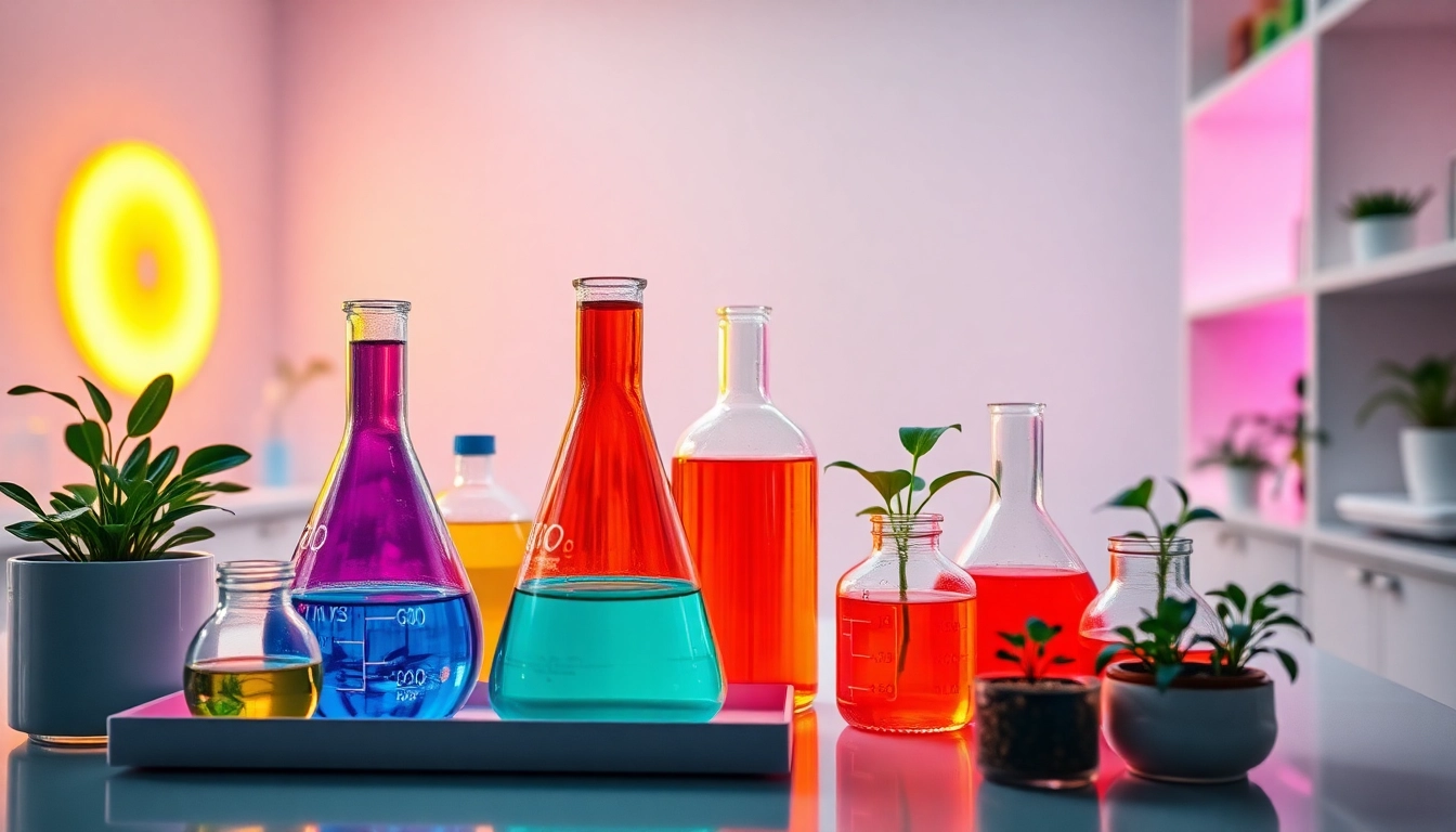 Psychedelicschemstore showcasing colorful psychedelic compounds in a laboratory environment.