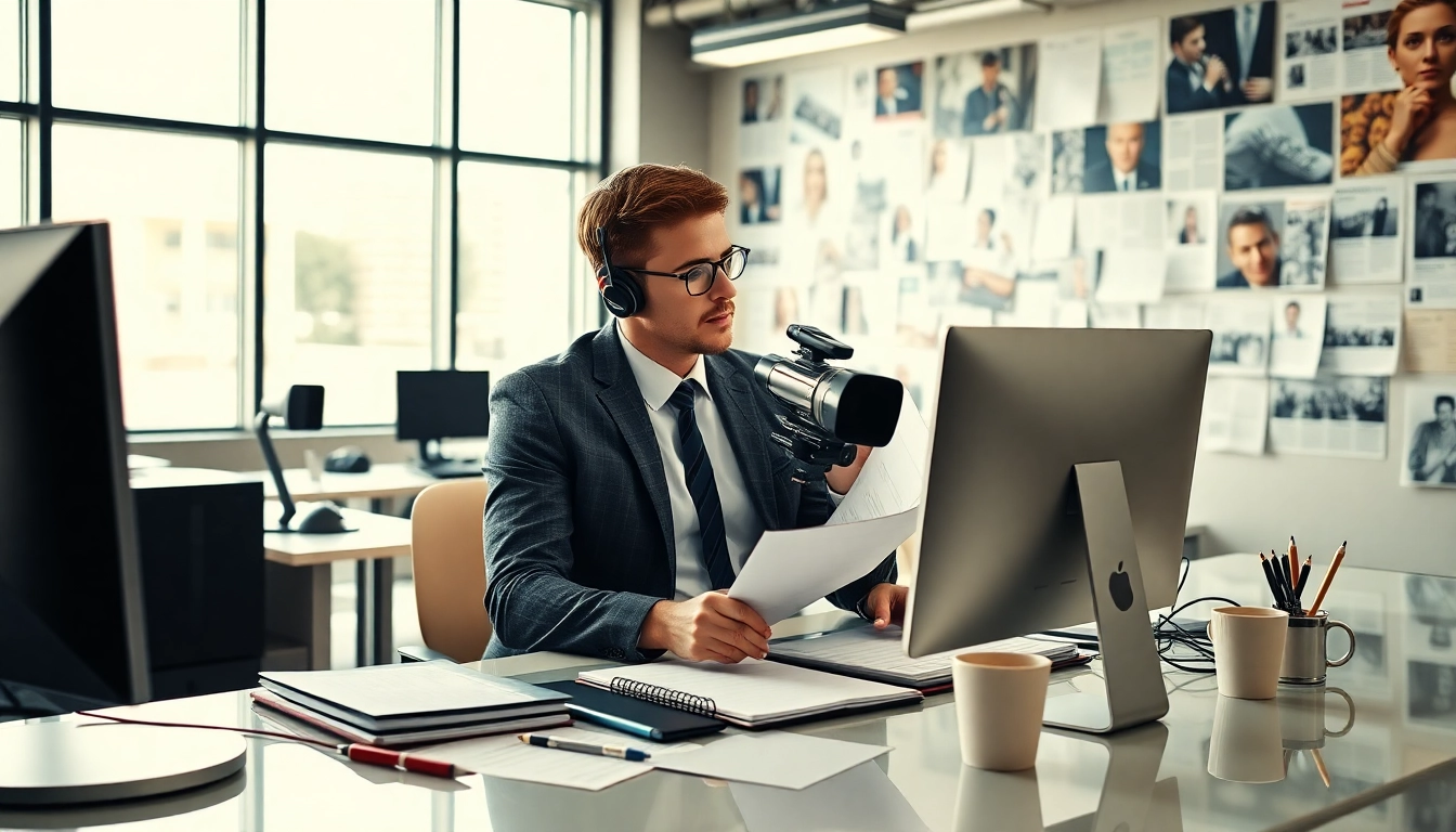 Journalist working diligently at sootimesnews.com in a bright, modern newsroom.