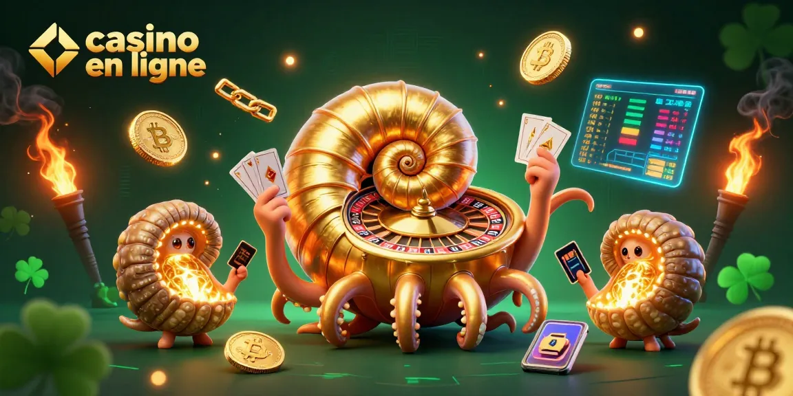 Jouer dans un casino en ligne avec une illustration de nautilus et des éléments de crypto-monnaie.