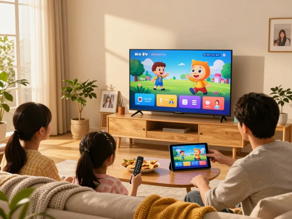 Gezin geniet van IPTV TV in een gezellige woonkamer met kinderen die naar geanimeerde shows kijken en ouders die kanalen doorbladeren.