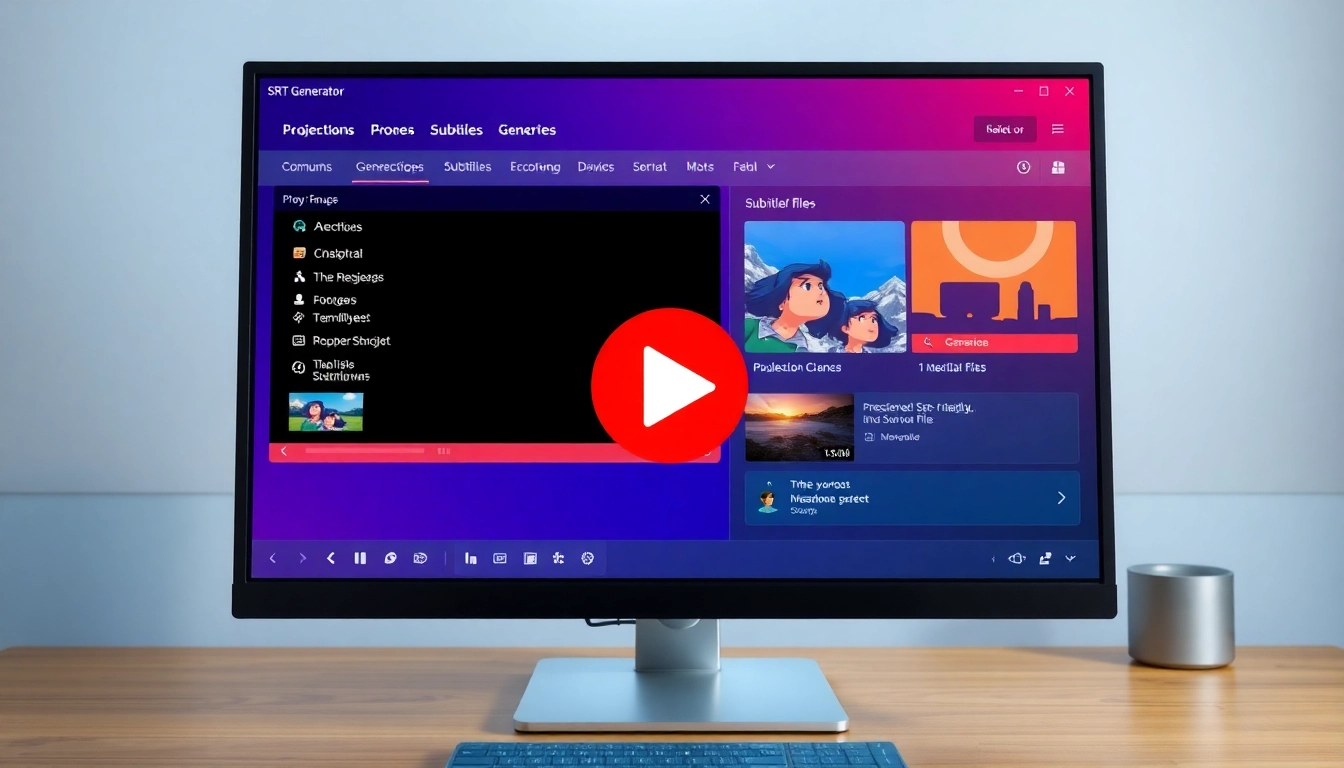 Create subtitles easily with an SRT Generator tool showcasing video and audio files.