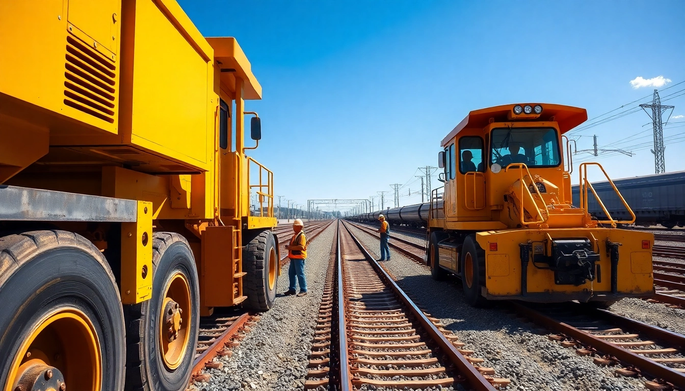 Workers constructing railways at a vibrant railroad construction site in the USA