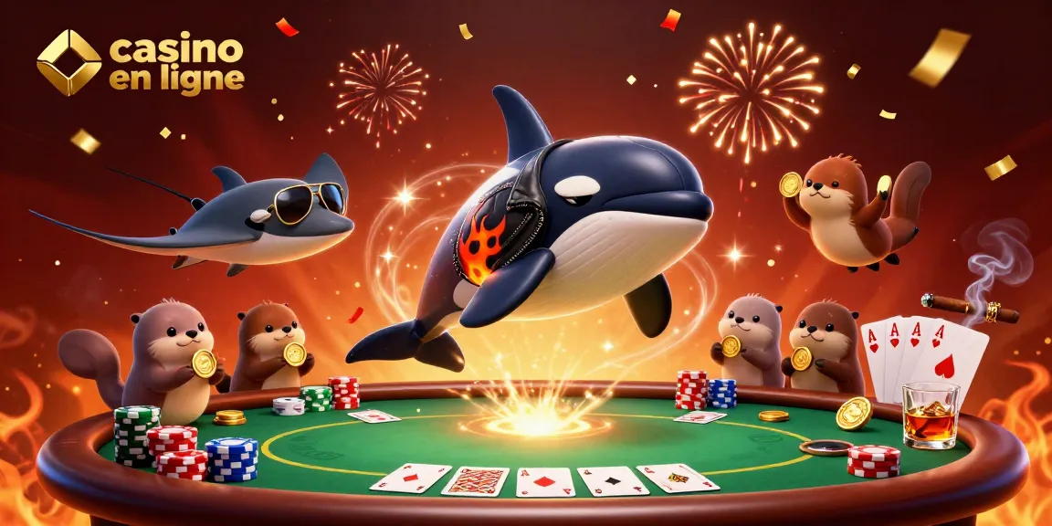 Découvrez le casino en ligne avec des personnages animés jouant aux cartes et entourés de jetons d'or.