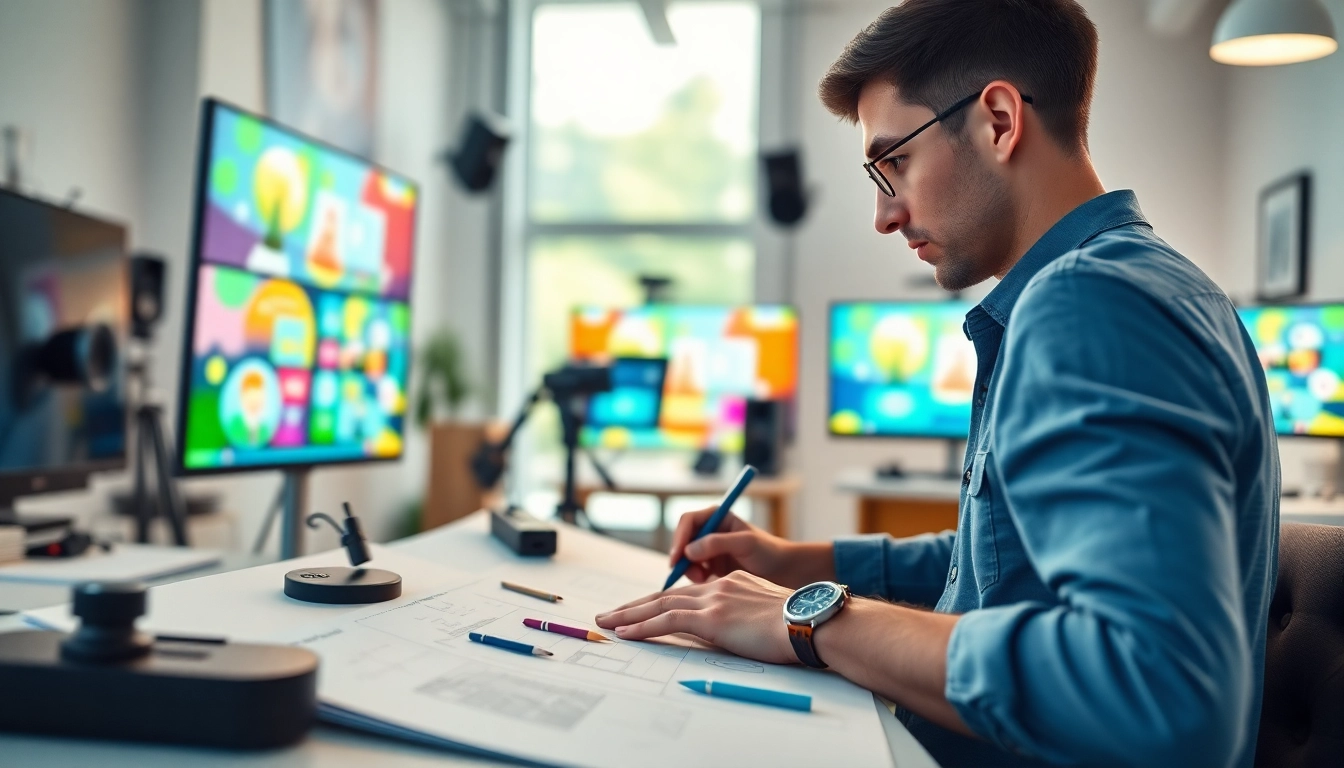 Erklärvideo-Produktion: Designer erstellt animiertes Video in modernem Studio