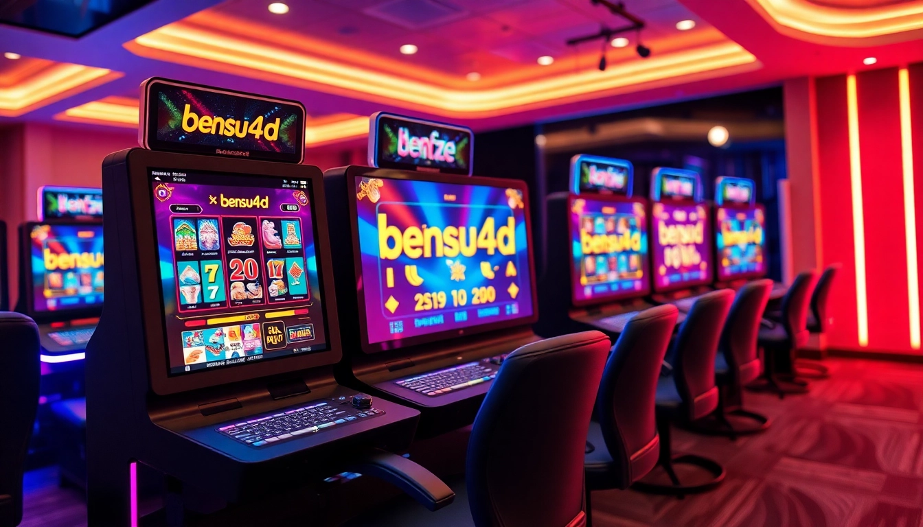 Menggambarkan bensu4d dengan permainan slot digital yang penuh warna dan menarik dalam suasana gaming modern.