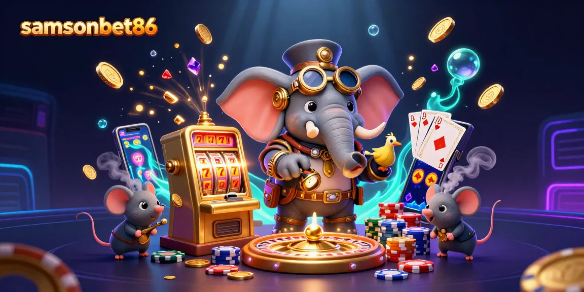 Spin reels and win with samsonbet86 featuring vibrant steampunk characters in a casino scene.